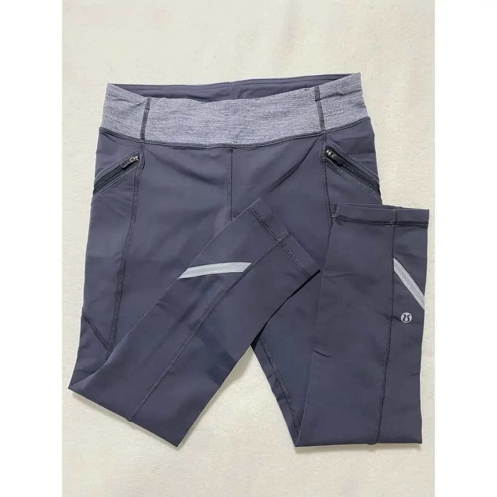 Lululemon Gray Running Capri Leggings Size 6 | Zip Pockets & Reflective Trim